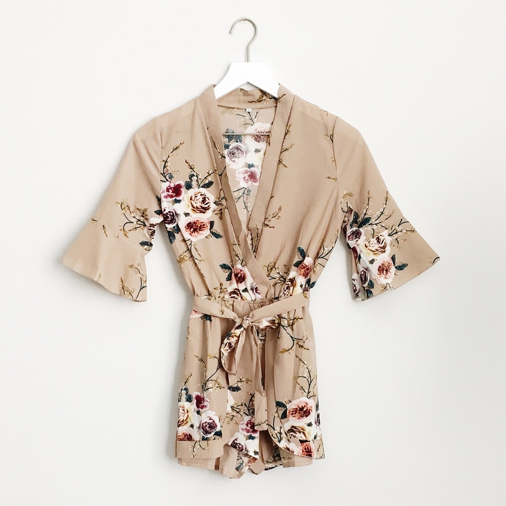 Tan Floral Flared Sleeve Romper